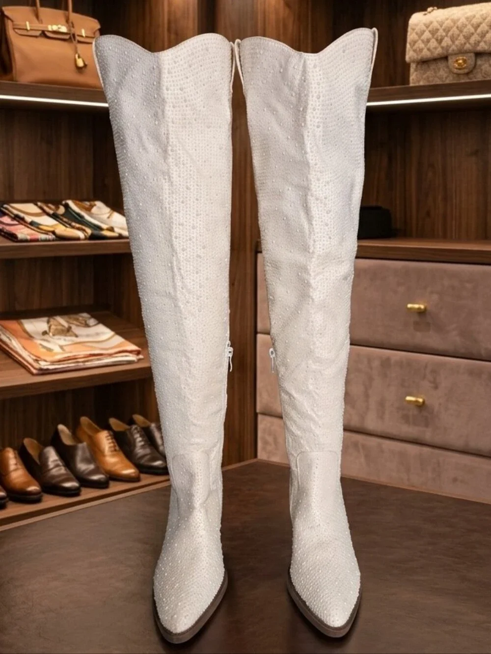 ✨ Forever Link White Rhinestone Over-The-Knee Cowgirl Boots 7.5